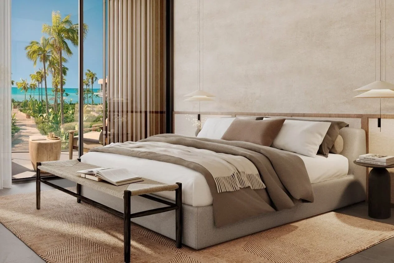 Modern and bright bedroom with balcony on the beach with amazing sea view