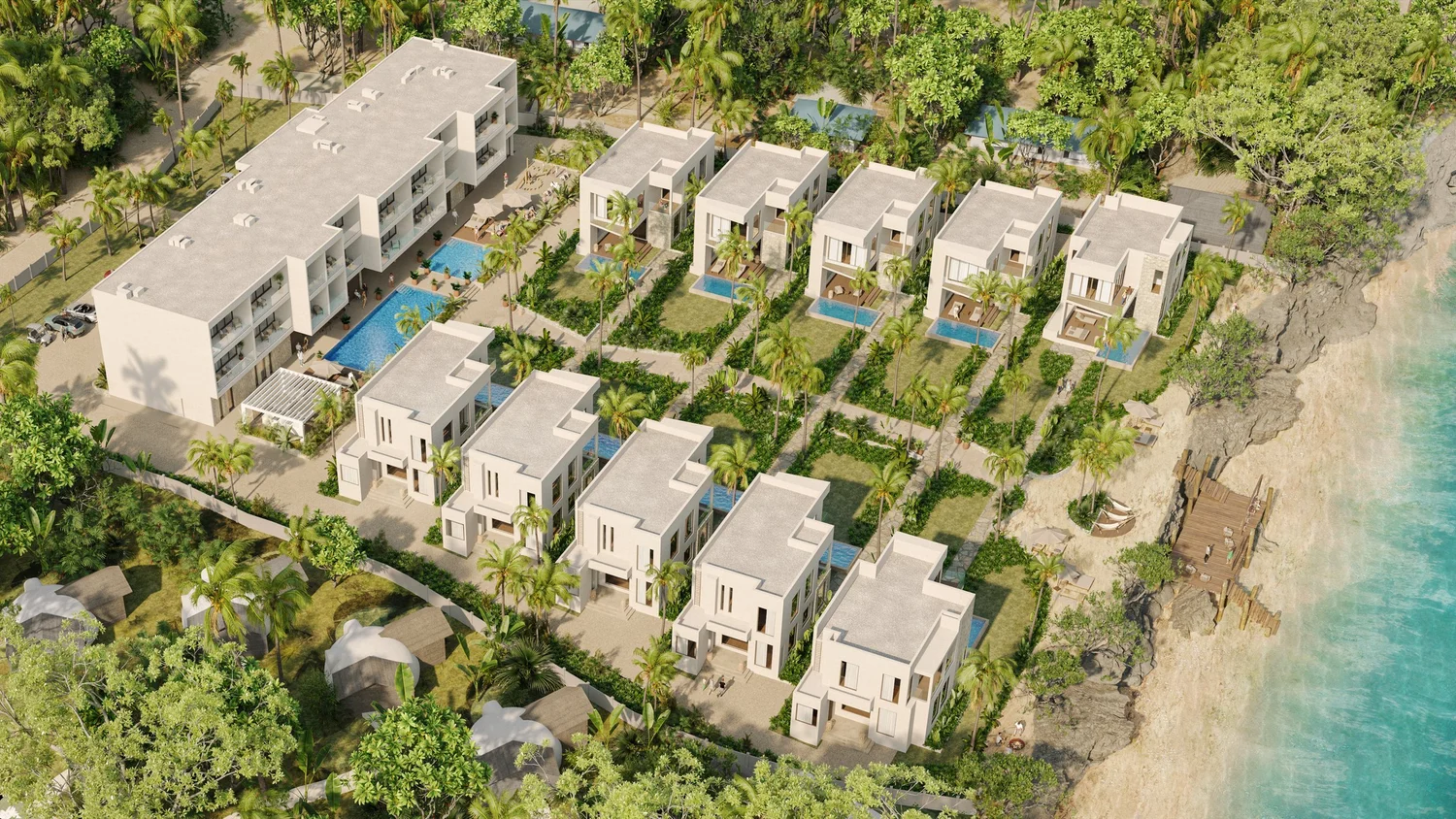 Aerial view of a luxury seaside resort development with villas, pools, and lush greenery. Real estate branding focus.